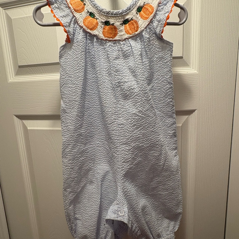 Smocked Blue Romper with Pumpkin Embroidery